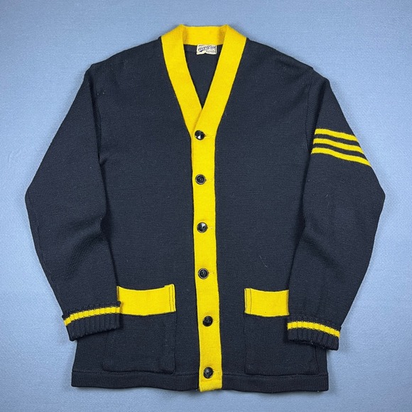 All Wool Guaranteed Other - Vintage 50s Kelvyn Park Panther Letterman Cardigan Black Yellow 100% Wool